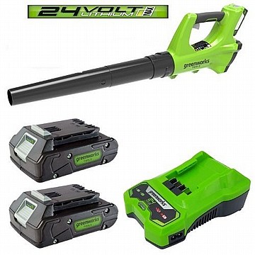 מפוח עלים 2מהירויות 24V + שתי סוללות 2A+מטען מהיר greenworks