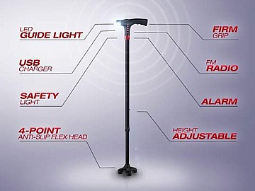 מקל הליכה למבוגרים חכם, נטען USB עם רדיו FM מובנה, פנס ולחצן מצוקה
